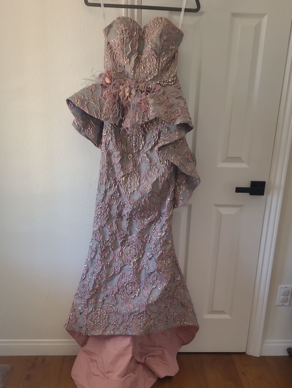 Terani Couture Rose Pink and Silver Embroidered Peplum Gown